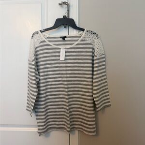 Ann Taylor Gray & White Striped Lace-Shoulder Tunic